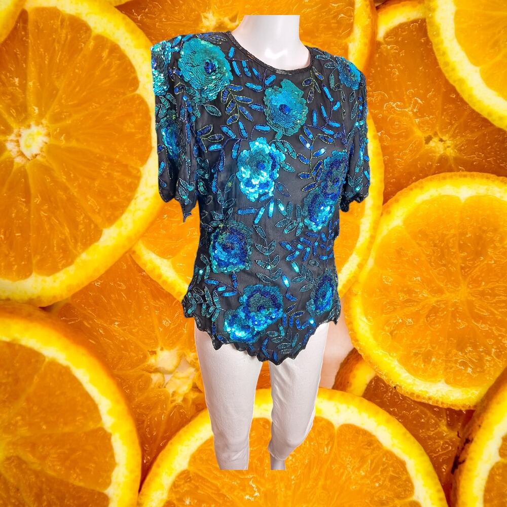 Laurence Kazar New‎ York Women's Floral Sequin Silk Short Sleeve Blouse Size L